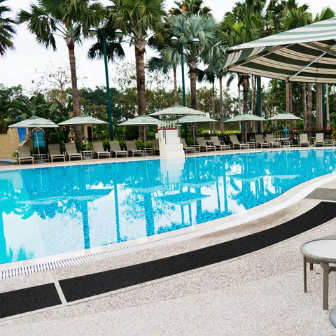 Poolside view with Heavy-Duty Anti-Slip Tape 18 In By 40 Ft For Indoor Outdoor Use On Ramps Stairs Garage Floors Warehouses.