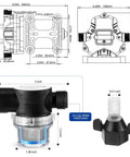 Technical diagram of Self Priming 115V Water Pump 4 GPM 45 PSI Diaphragm Booster with dimensions and fittings included.