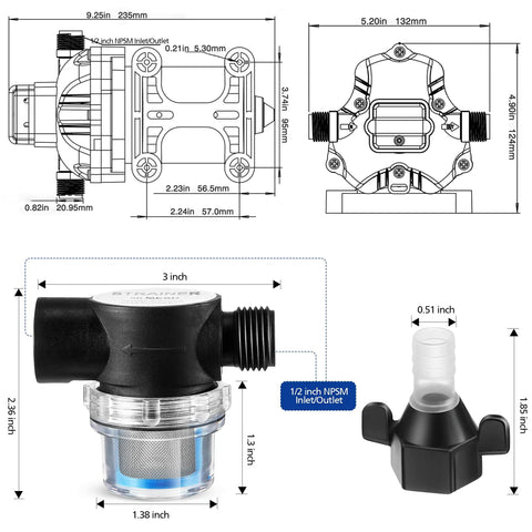 Technical diagram of Self Priming 115V Water Pump 4 GPM 45 PSI Diaphragm Booster with dimensions and fittings included.