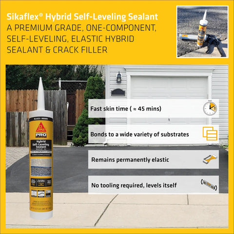 Sikaflex Hybrid Self-Leveling Sealant for concrete, asphalt, brick, stone, and masonry, shown in front of garage with application details