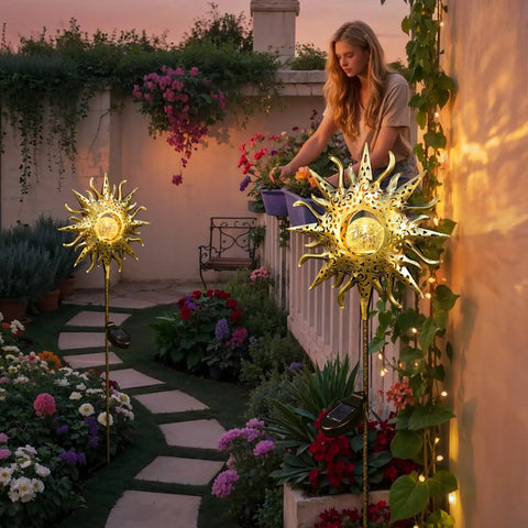 Outdoor Solar Garden Stake Lights Weatherproof Metal Pathway Lighting For Patio Yard Walkway Lawn Easy No Fuss Night Ambience Auto On At Dusk For Up To 8 Hours 7 Lumens Solar Sun Lights Great Gift For Mom Wife Grandma at dusk