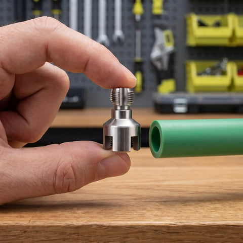 Dual-Function Pipe Threader For 1/2 Inch And 3/4 Inch Plastic Pipes, Portable 4-Piece Set For Internal And External Threading, Carbon Steel Construction, Ideal For Quick DIY Home Plumbing Repairs, held beside green plastic pipe