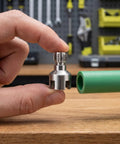 Heavy Duty Pipe Threading Tool Set For Half And Three Quarter Inch Plastic Pipes Internal And External Threading Pro Grade Universal Plumbing Repair Kit For Home Garden Plumbing Projects, metal cutter beside green PVC pipe