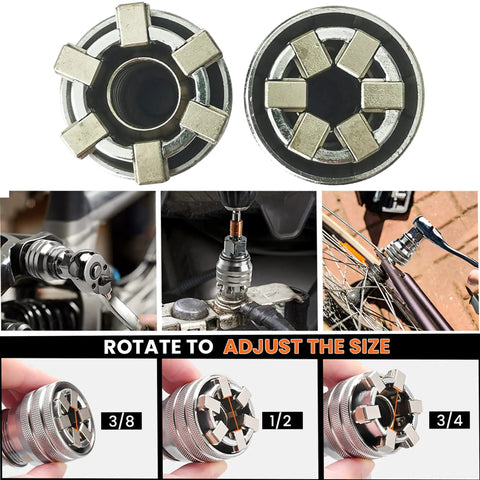 Heavy Hitter Adjustable Universal Socket Wrench close-up showing size adjustments for stripped rounded nuts, robust silver finish.