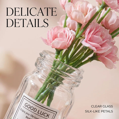 2 Pcs Pink Miniature Flower Vase Set With One Sixth Scale Straight Up Killer Details For Dollhouse Decor with clear glass and pink silk-like petals.