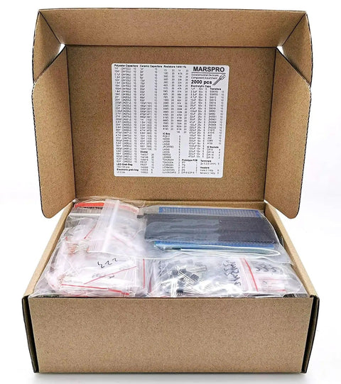 Pro Grade Electronics Components Grab Bag Kit With 2167 Pieces Including ICs, Opamps, Resistors, organized in open box