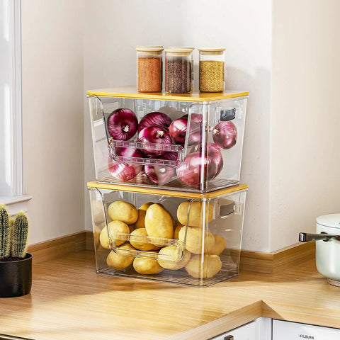 No Fuss Pantry Organizers With Bamboo Lids And Heavy Duty Trash Bag Dispenser For Four Through Thirteen Gallon Rolls Stackable Under Sink Storage Bins featuring clear bins with potatoes and onions.
