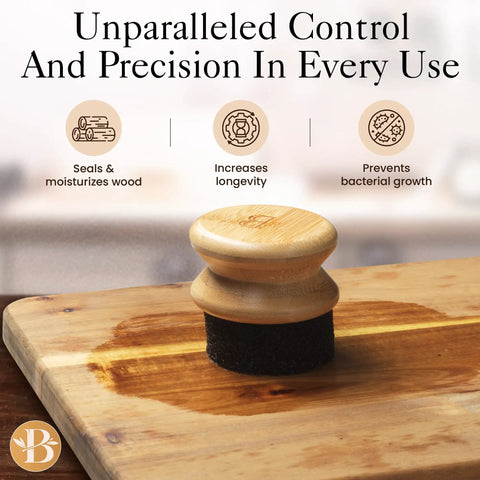 Oil Applicator Brush For Cutting Boards And Wooden Utensils, Bamboo wood brush applying oil on cutting board with sponge