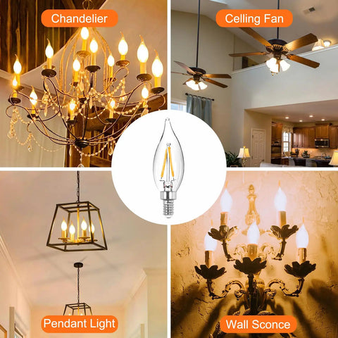 40 Watt Warm White C32 Chandelier Light Bulbs With E12 Candelabra Base displayed in fixtures; chandelier, ceiling fan, pendant light, wall sconce