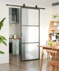 Super Slick Frosted Privacy Glass Barn Door Hardware Kit With Heavy Duty Track And Silent Rolling Wheels For Easy 36 By 84 Inch Sliding Install Plus Smooth Gliding Action Room Divider Setup in modern kitchen.