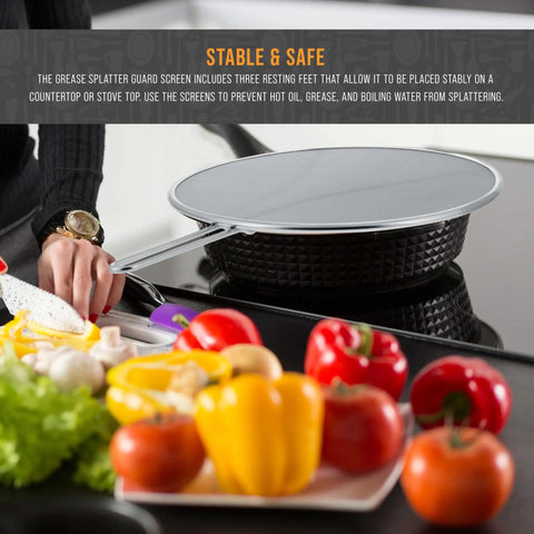 Person placing Three Sizes Stainless Steel Splatter Screen Set With Resting Feet 13 Inch 11.5 Inch And 9.5 Inch over pan