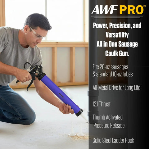 Man using dual format sausage to cartridge caulking gun with 12 to 1 thrust aluminum barrel converts between 20 oz foil packs and 10 oz cartridges