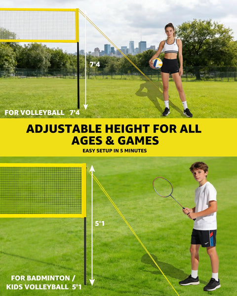 Four Square Volleyball Game Set With 4 Way Cross Net For Backyard And Beach Portable Outdoor Volleyball And Badminton Combo Net For four players with adjustable height poles shown in a grassy field.
