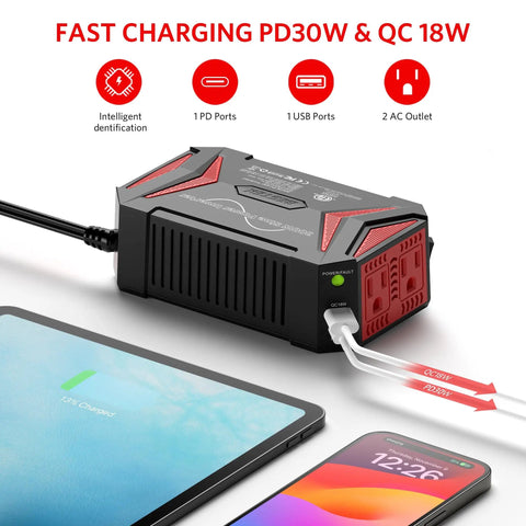 Road Trip Ready 300W Pure Sine Wave Car Power Inverter with USB C PD30W and QC 18W charging tablet and phone