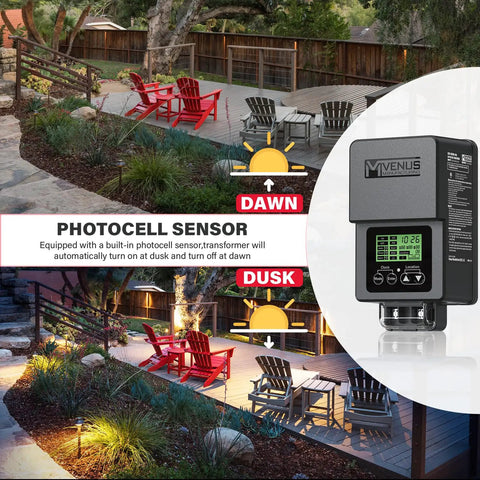 Outdoor Low Voltage Transformer 60W with timer and built-in photo sensor, 12V landscape lighting shown at dusk and dawn settings.