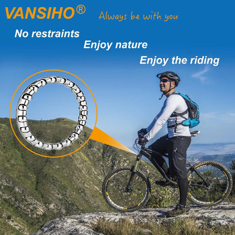 Man biking with 5/32 Inch Bike Headset Bearings Set - 4 Pack For MTB 1-1/8 Inch Headset Bearings, inset image of ball bearing cage