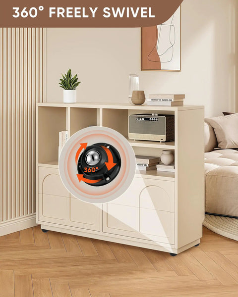 Self Adhesive Caster Wheels featuring One Inch Low Profile Mini Swivel build in black, showcasing 360° rotation on hardwood flooring.