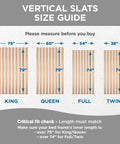 Vertical slats size guide for bed frames displaying measurements for King, Queen, Full, and Twin sizes.