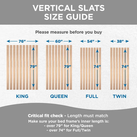 Vertical slats size guide for bed frames displaying measurements for King, Queen, Full, and Twin sizes.