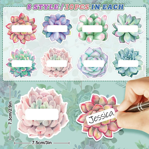 80Pcs Back To School Succulent Name Tag Stickers Set With 8 Designs Rustic Bloom Labels showing dimensions and hand writing 'Jessica'