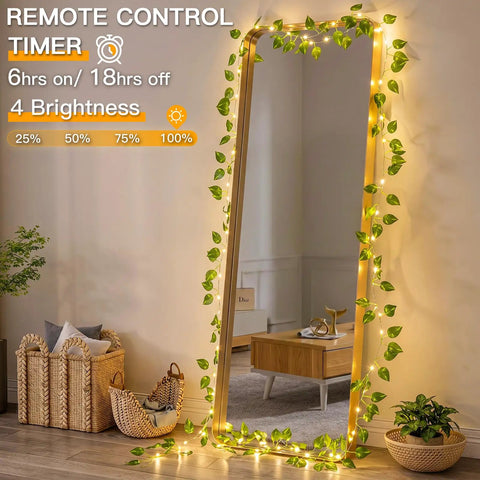 Vine With Fairy Lights Battery Operated 33Ft 100 LED Pothos String Lights with Remote on Mirror, Warm White Leaves, Bedroom Decor