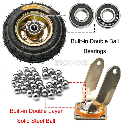 Heavy Duty Swivel Caster Set Of Four, 10 Inch Pneumatic Rubber Wheels With Hassle Free Parking Brake, showing tire, ball bearings, and steel ball.
