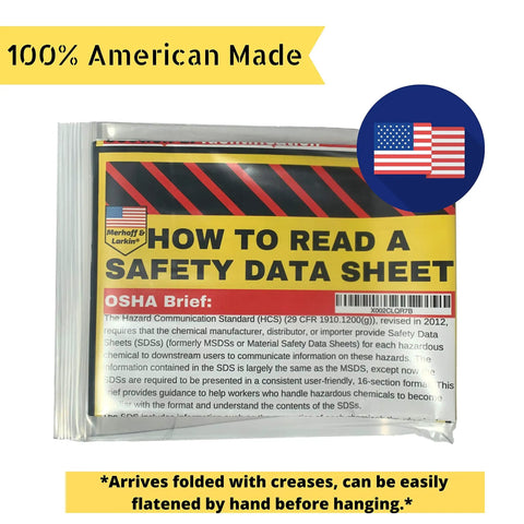 How to Read a Safety Data Sheet packet with OSHA brief, American flag design, in plastic bag for hazardous material handling.