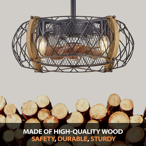 Farmhouse Caged Ceiling Fan With Light, 17 Inch Bladeless Ceiling Fan With Remote, showing rustic wood and metal mesh design.