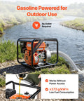 Heavy Duty Gas Powered Water Pump 2 Inch 142 GPM 7HP Portable Semi Trash Pump near river, focusing on fuel tank and pump engine.