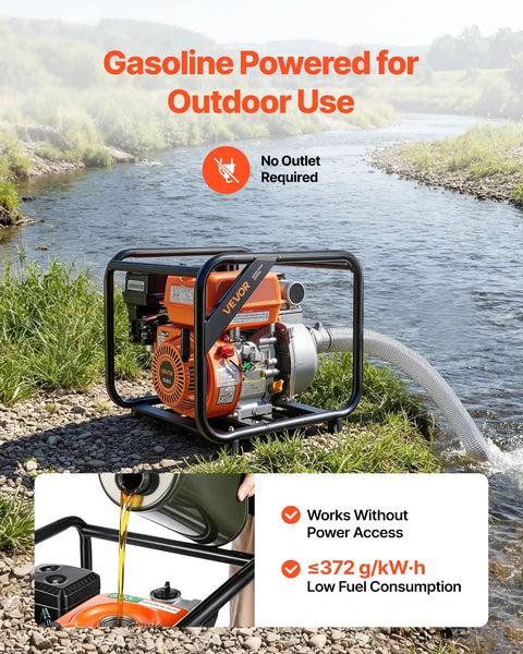 Heavy Duty Gas Powered Water Pump 2 Inch 142 GPM 7HP Portable Semi Trash Pump near river, focusing on fuel tank and pump engine.
