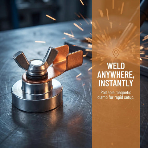 Five Piece Magnetic Welding Ground Clamp Set That Slaps Securely To Any Metal For Heavy Duty Jobs With Zero Hassle And Total Grip For Pros Who Need Reliable Grounding Fast on a metal surface with sparks flying.
