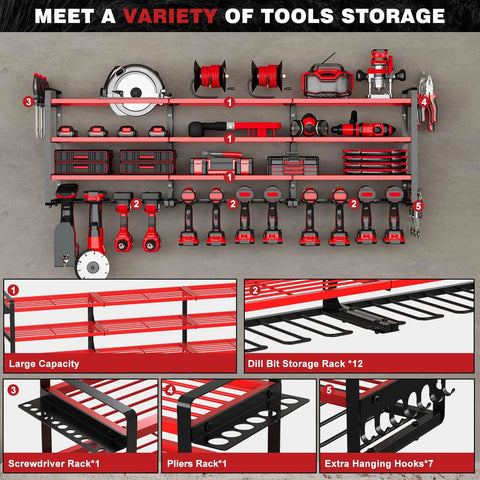48 Inch Wall Mounted Power Tools Organizer Rack With Four Shelves Side Hooks And Drill Holders Heavy Duty Garage Workshop Storage