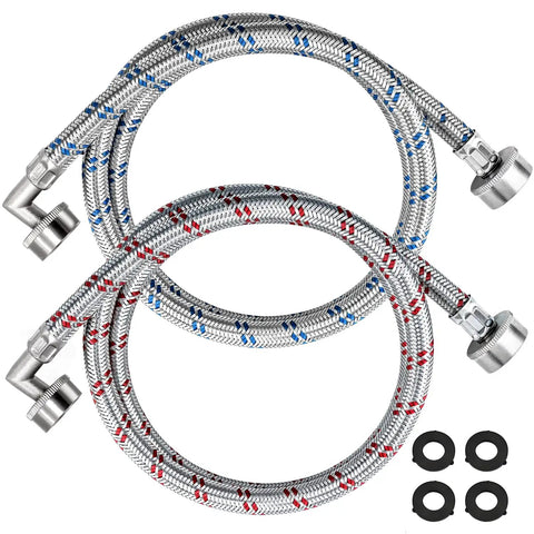 Heavy-Duty Stainless Steel Washing Machine Hoses 4 Ft With Three Quarter Inch 90 Degree Elbows Red And Blue 2 Pack Burst-Proof Hot And Cold Water Lines For A Workhorse Laundry Setup With 10 Year Warranty
