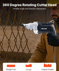 Man using Electric Metal Shear With 360 Degree Swivel Head on wire mesh for straight, curved, and irregular cuts