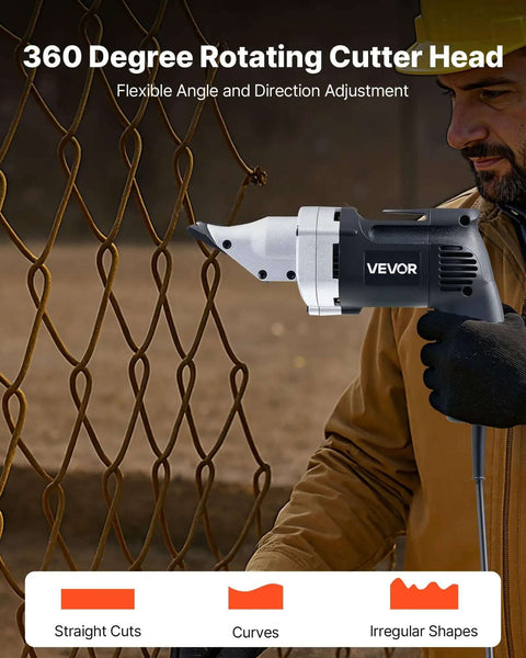 Man using Electric Metal Shear With 360 Degree Swivel Head on wire mesh for straight, curved, and irregular cuts