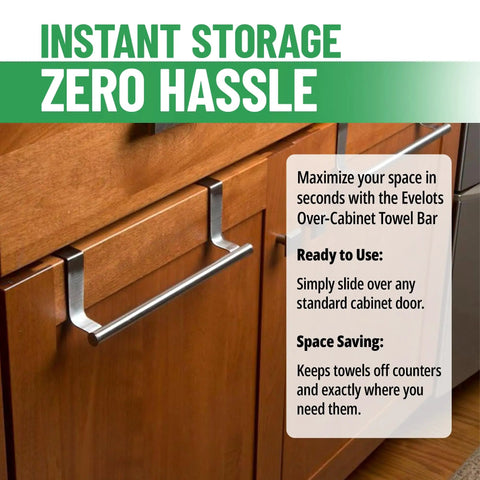 Over Cabinet Door Towel Rack Set 2 Pack Stainless Steel Hand And Dish Towel Holders installed on wooden kitchen cabinet