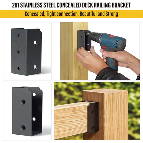 Top Shelf 201 Stainless Steel Deck Railing Connectors Built Like A Tank Heavy Duty 2 X 4 Actually 1.5 X 3.5 Inch Hidden Bracket Supports For Handrails Barn Beams 36 Piece Set Black Finish installation on wooden post with drill.