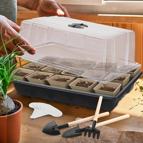 4 Pack Seed Starter Tray Kit With 120 Square Peat Pots, 120 Plant Labels, And 3 Garden Tools, Plastic Germination Trays With Lids For Indoor Outdoor Seedlings Black