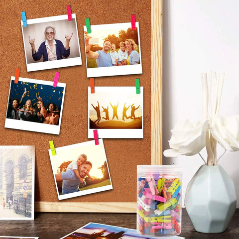 110 Piece Colorful Wooden Push Pin Tacks Featuring Spring Loaded Studs Keep Pics Flawless On Corkboards with photos displayed.