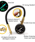 JACO ElitePro tire pressure gauge with 60 PSI glow dial, brass body, 10-inch flexible hose