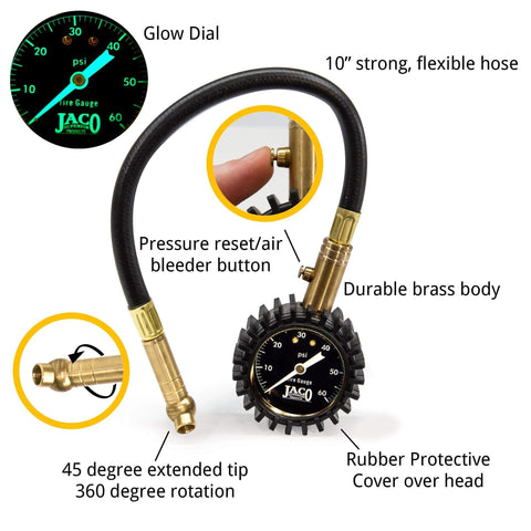 JACO ElitePro tire pressure gauge with 60 PSI glow dial, brass body, 10-inch flexible hose