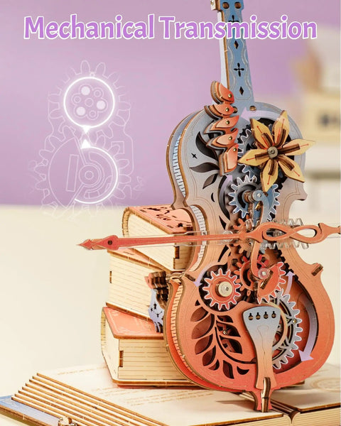 Dope 3D Wooden Cello Puzzle Model Kit With Mechanical Music Box And UV Gradient Finish For Adults, DIY Gift For Him Or Her, Gear Drive Cello Playing The Blue Danube, Unique Home Decor And Hobby Set. wooden cello puzzle with gears on book base