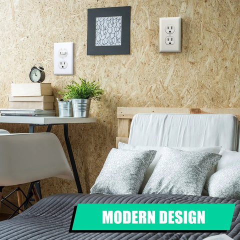 Room interior with Bulk 50 Pack White Outlet Covers Duplex Wall Plates 1 Gang Standard Size 4.50 x 2.76 Inch Polycarbonate.