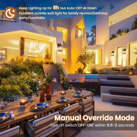 Modern outdoor patio with 2 Pack Motion Sensor Outdoor Wall Lights Dusk To Dawn Exterior Wall Mount Lanterns illuminating the area.