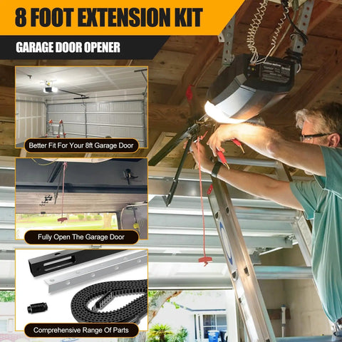 8Ft Garage Door Opener Rail Extension Kit With Replacement Belt For Whisper Drive Plus Models Structural Steel Rail Upgrade From 7Ft To 8Ft Easy Install G8808CB P 8808CB Compatible No Fuss Hardware Included shown in use during installation