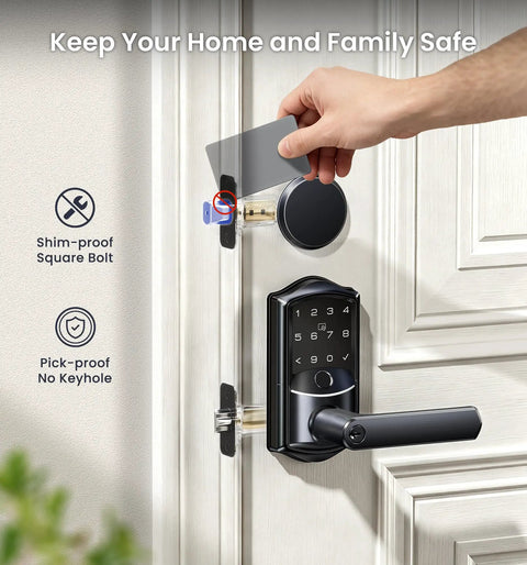 Slick WiFi Smart Lever Lock With Nonkeyed Deadbolt Matte Black for front door with keypad and keycard access.