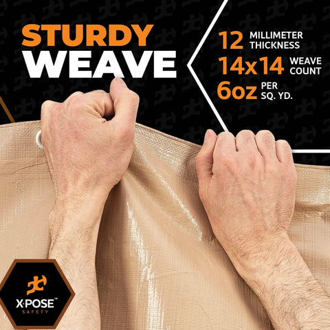 Close-up of hands holding Heavy Duty Tan Poly Tarp 5 Ft By 7 Ft Multipurpose Protective Cover Waterproof Weatherproof Rip And Tear Resistant