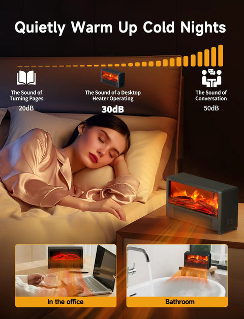 Small Space Heater With Realistic Volcanic Flame Ambiance For A Cozy Vibe 600W Portable Desk Heater heating a bedroom quietly