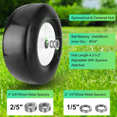 Twofer 13x5.00-6 Flat Free Lawn Mower Tires With Bearings 3/4 Inch 1/2 Inch And 5/8 Inch Replacement Wheels For Lawn Tractors And Push Mowers, Smooth Rolling, Durable Turf Tires. Black foam lawn mower tire with centered hub and spacers