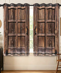 Real Deal Rustic Barn Door Blackout Curtains Featuring Vintage Wood Grain Art Heavy Duty Thermal Insulation Slick Grommet Drapes For Effortless Home Refresh Two Panel Bundle hanging in a living room window.